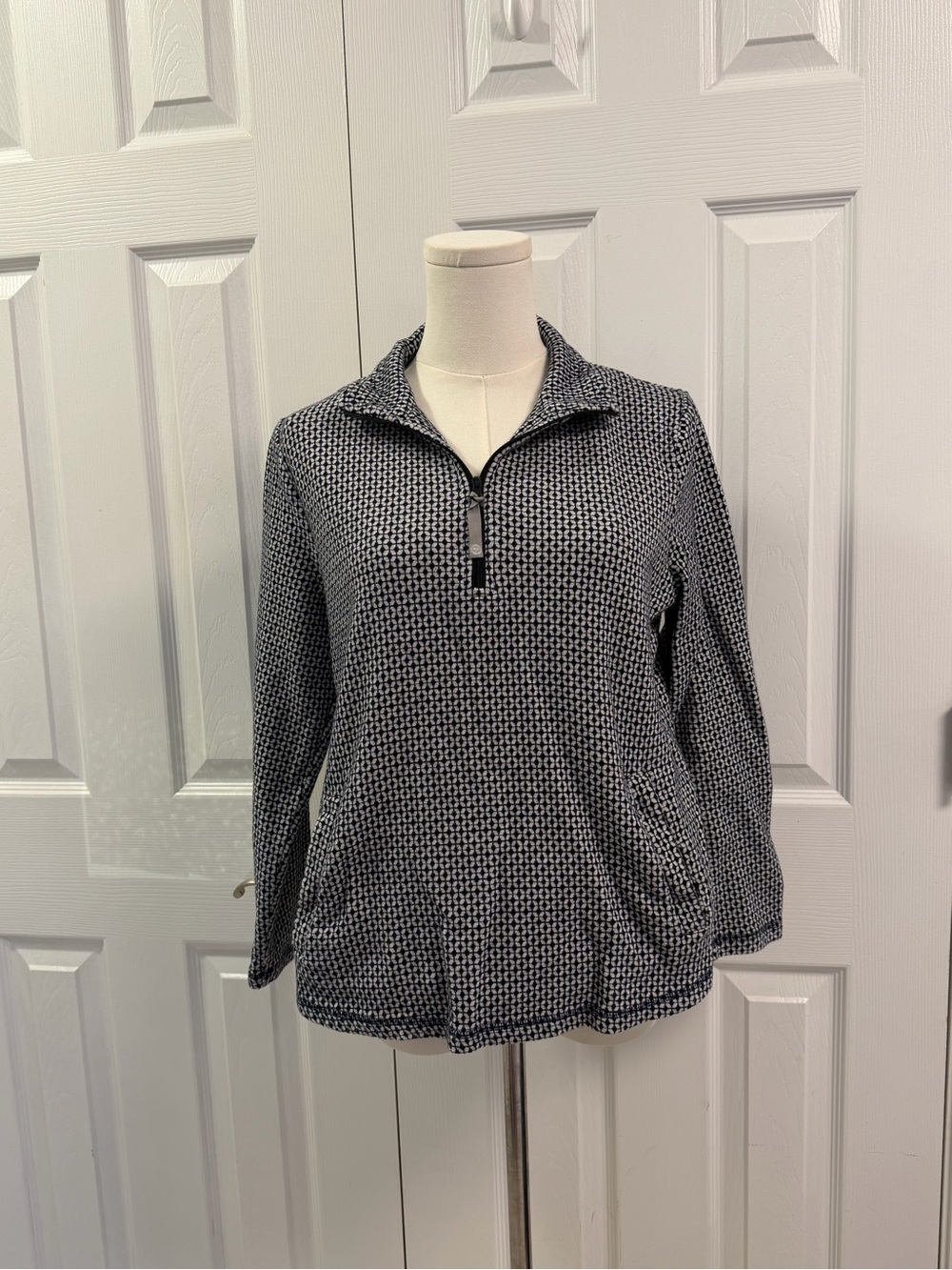 T by Talbots 100% Cotton Quarter Zip Pullover Navy White Print LP